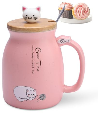 Taza linda del gato, kawaii Taza matutina novedosa, 420ml tazas desayuno, Taza de café de cerámica con Cuchara de acero inoxidable para gatitos para amantes de los gatos Mujeres Regalos(rosa)