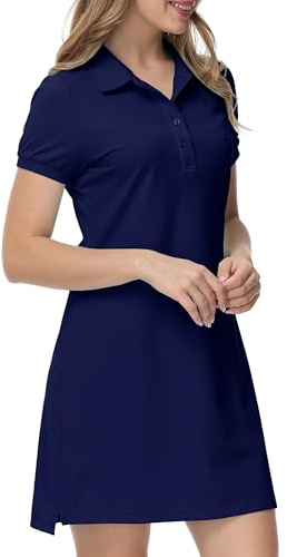 JINSHI Women's Polo Dress Short Sleeve Cotton Casual Sports Golf Tennis Dresses Dark Blue Size US M