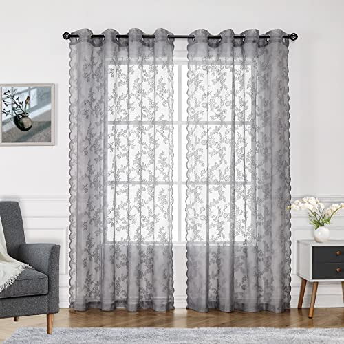 Lotusolution Graue Spitzen-Vorhänge für Schlafzimmer, 274.3 cm, Blumenstickerei, halbdurchsichtig, Fenstervorhang, Rosenstrick, lichtfilternd, Privatsphäre, 139.7 breit, 1 Paar, 55''108''