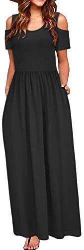 STYLEWORD Maxi Vestido de Verano con Hombros Descubiertos para Mujer Manga Corta Estampado Floral Elegante Vestido Maxi con Bolsillos(Negro-456,L)
