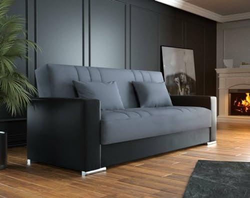 Dmora - 3-Sitzer Schlafsofa Sergio, Sofa mit Stauraum aus Öko-Leder und Stoff, Sofa mit klick-Klack-Öffnung und 2 Kissen, 230 x 96 x 101 cm, Schwarz und Grau