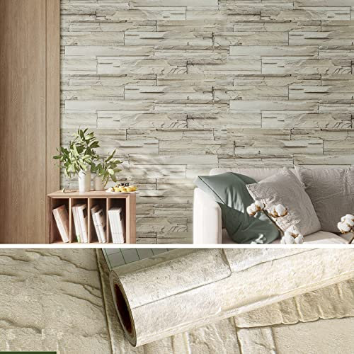 VEELIKE Papel Pintado Piedra Beige 60 cm x 900 cm Papel Autoadhesivo Pared Ladrillo Vintage Industrial Fotomural Papel de Pared Decorativo Salón Papel Adhesivo Impermeable Cocina Dormitorio Baño