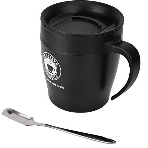VIFERR Taza de café con asa Taza de café reutilizable de acero inoxidable con aislamiento Taza de agua con cuchara y tapa para viajes de oficina(negro)