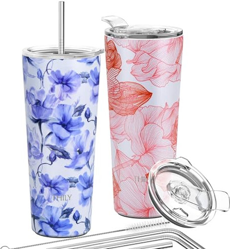 Vakuumisolierter Edelstahlbecher – THILY 780 ml dreifach isolierter Reisebecher mit spritzwassergeschütztem Deckel, für Eiskaffee und heiße Getränke, 2er-Pack, Schwertliliengewächse + Roter Lotus