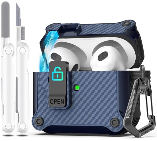R-fun Compatible con AirPods 3ª Generación 2021 Funda de Carga, Protección Total contra caídas Auto Pop-Up Tapa Compatible con Apple Airpods 3 Gen Funda con Kit de Limpieza y Llavero,Azul Noche