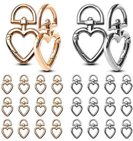 24 Pezzi Portachiavi a Forma di Cuore,Moschettone in Lega,Gancio Portachiavi Girevoli,Girevole Catenacci Portachiavi,Appendere Chiavi per Borse, Zaini, Cinture,Decorazioni Fai da Te (Argento/Oro)