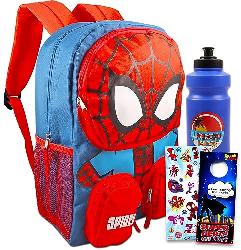 Marvel Spiderman 40,6 cm Rucksack für Jungen Set – Bündel, Aufkleber, Wasserflasche, mehr für Jungen 4–6
