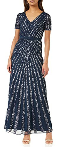 Maya Deluxe Womens Maxi Ladies Embellished Sequin Long Short Sleeve V Neck High Empire Waist Cut Shiny Prom Wedding Bridesmaid Dress, Navy, 12