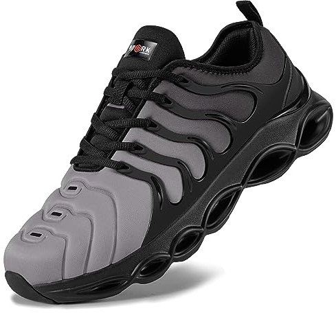 LARNMERN Steel Toe Cap Trainers Mens Safety Trainers Lightweight Safety Shoes Cushioning Fashion Breathable Comfortable Work Shoes (Black Grey,9.5 UK)
