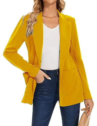 MINTLIMIT Ladies Casual Blazer Long Sleeves One Button Closure Stylish Trendy (Yellow L)