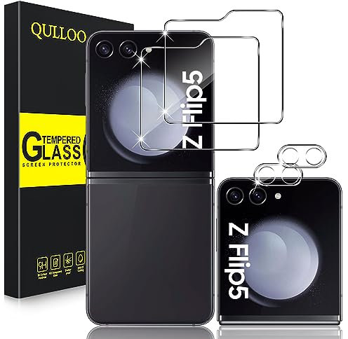 QULLOO Protector de Pantalla exterior para Samsung Galaxy Z Flip 5 5G [2 Piezas] + Protector de Lente de Cámara [2 Piezas], HD Alta Sensibilidad Cristal Templado para Galaxy Z Flip5