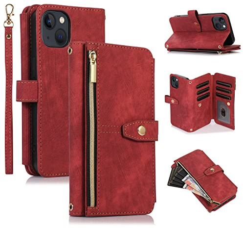 UEEBAI Case for iPhone 15 Plus 6.7 inch, 9 Card Slots Retro Leather Wallet Shockproof Flip Cover with Hand Strap Card Slots Zipper Pocket Kickstand Handbag Magnetic Closure - Retro Red Wine