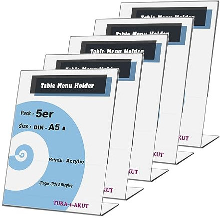 TUKA 5X A5 Hoch Acryl Anzeige-Ständer Plakataufsteller, Tischaufsteller Schräg L-Ständer, Prospektständer Werbeaufsteller Flyer-Display Speisekartenhalter aus 2,5mm Acryl Glaskla, TKD8200-A5-5x