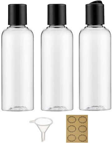 Apstaqeoo Lot de 3 bouteilles en plastique de 200 ml avec couvercles à disque, couvercles à rabat, vides à presser - Conteneurs de voyage rechargeables - Distributeur avec 1 entonnoir et 6 étiquettes
