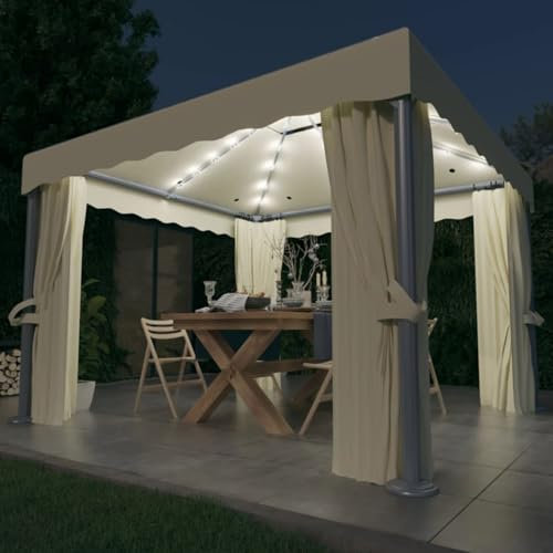 GuyAna Pavillon mit Vorhängen & LED-Lichterkette Pavillon Beleuchtung Partyzelt Gartenpavillon Pavilliondach Gazebo Canopies 3x3 m Cremeweiß