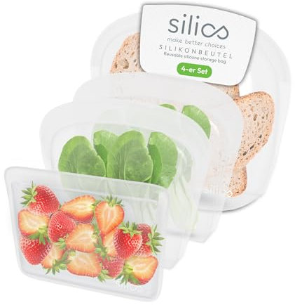 Silics® Wiederverwendbare Gefrierbeutel Medium (4er-Set) Clear - Silikonbeutel für Lebensmittel, Spülmaschinenfest, Sous Vide und Mikrowellengeeignet