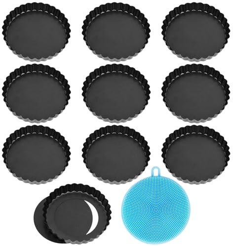 Czwander Tarteform,10 Stück Tarteform mit Hebeboden, Quicheform,Tartelette Förmchen,mit 1 runder Reinigungsbürste 10cm