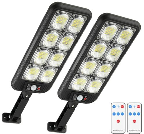 PEAKRO Lampe solaire à LED extérieure, 200 LED lampadaire solaire extérieure avec détecteur de mouvement, IP65 étanche 3 modes puissant projecteur solaire extérieure lumiere spot pour jardin