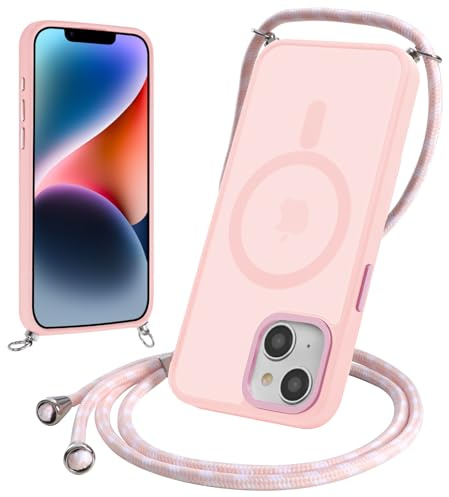 Yoedge Magnetische Handyband für iPhone 15 6,1 Hülle mit Band, Handyhülle Kompatibel mit MagSafe, Matt Transluzente PC + TPU Stoßfest Schutzhülle mit Abnehmbar Kordel zum Umhängen Case, Rosa