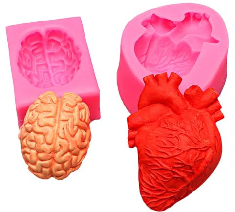 Eabdice 2 Stücke Anatomisches Herz und Gehirn Ausstechformen, Silikonformen Für Halloween, Gehirn Puddingform Menschliche für Backen, Fondant, Seife, Gips, Sojawachs Kerzen, Handwerk
