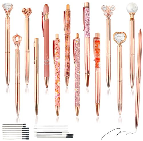 XingyLi 28Pcs Rose Gold Pen Crystal Diamond Ballpoint Pens Set, 14 Retractable Bling Glitter Metal Crown Ball Point Pens with 14 Black Ink Refills, Liquid Sand Pretty Pens, Creative Fancy Gifts
