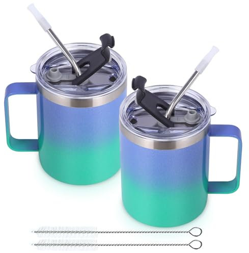 Volhoply 12oz Insulated Leakproof Coffee Mug with Sliding & Straw Lid Bulk 2 Pack,Double Wall Vacuum Stainless Steel Travel Tumbler Cup with Handle,Camping Mugs Keep Cold/Hot(Purple Green,2 Set)