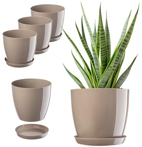 KADAX Blumentopf, Pflanzkübel-Set mit Untersetzer, Blumenkübel aus Kunststoff, runder Pflanztopf für Innenbereich, Übertopf für Blumen und Zimmerpflanzen, Kräutertopf (Set 3: 16cm, Beige)