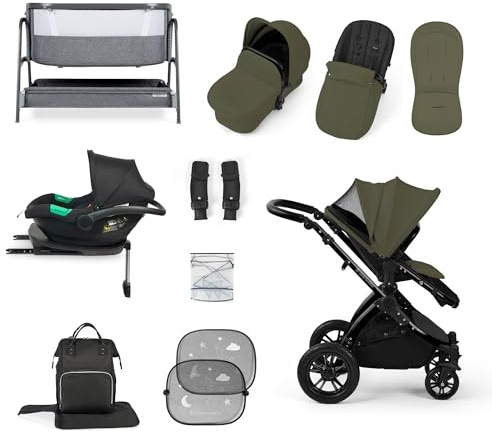Ickle Bubba Stomp Luxe i-Size Cirrus Travel & Home 14-Piece Bundle with ISOFIX Base & Bubba&Me Bedside Crib – All-Terrain Pushchair with Accessories, Birth to 4 Years* (Black/Woodland/Black)