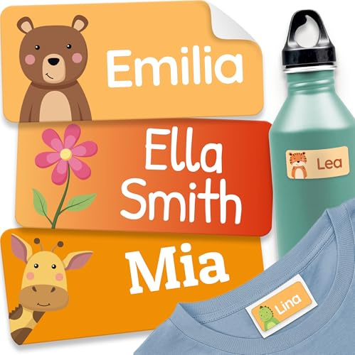 180 Stick on Name Labels for Clothes Kids & Items - Waterproof (Orange) | Personalised Name Tags for Clothes, No-Iron Name Stickers for Kids, For School, Nursery and Care Home, Washing Machine Safe