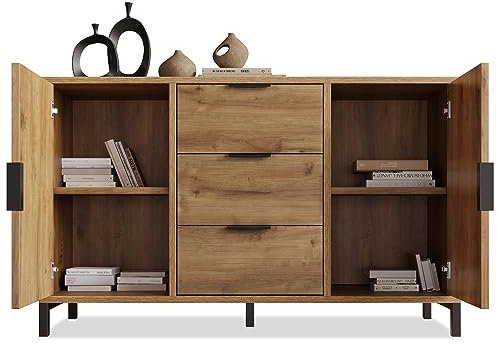 Sideboard, Kommode mit 2 Türen und 3 Schubladen, verstellbare Einlegeböden, Eiche dunkel, 40T x 120B x 76H cm