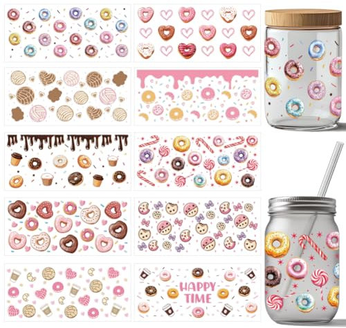 arricraft 10 Stück Candy UV DTF Cup Wrap Transferaufkleber 10 Stile Kaffee Donut Cookies Transferpapier Rubbelaufkleber PVC Tasse Wasserfest Rubbelaufkleber Für Tassenglas 24x11cm