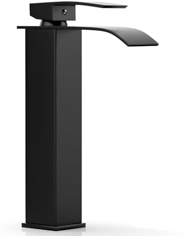 VOLTIX Rubinetto per Bagno a Cascata - Miscelatore Monocomando per Lavabo con Risparmio Idrico - Regolabile per Acqua Calda e Fredda - Rubinetto Lavabo Moderno Design Elegante per Bagno (Nero/Alto)