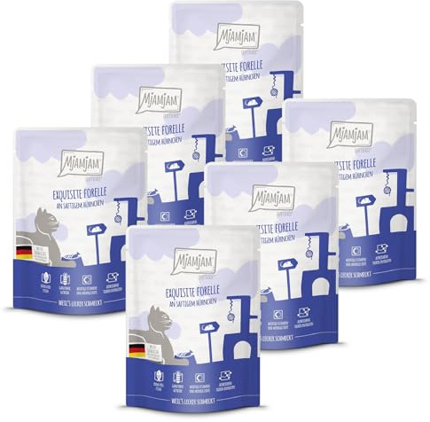 MjAMjAM - Premium Nassfutter für Katzen - Quetschie - exquisite Forelle an saftigem Hühnchen, 6er Pack (6x300g), getreidefrei