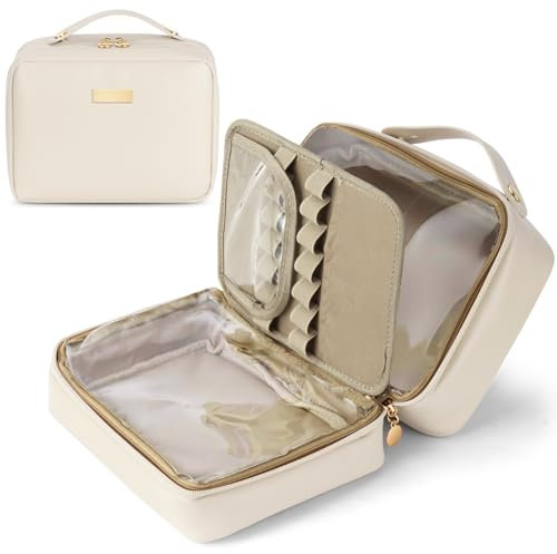Aucuu Kosmetiktasche Damen, Groß Make up Tasche, Reise Schminktasche, Leder Tragbare Kulturbeutel, Cosmetic Bag mit Griff und Teiler, Kosmetische Tasche, Wasserdicht Kosmetiktasche für Damen Mädchen