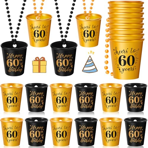 Sureio 24 Pcs 60th Birthday Party Favors Shot Glass Necklaces Cups Bulk for Women Men Guests, Plastic Gold and Black Shot Necklace Cups for Birthday Anniversary Supplies