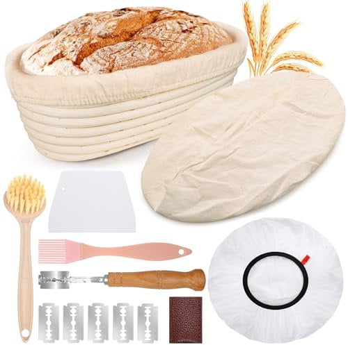Mispudin Gärkörbchen Oval 28 cm für 700g Teig, Gärkorb Rattan Set Sauerteig mit Leinentuch & Gärfolie Backen, Bäckermesser, Teigschaber, Bürste, Garkörbe Brot Länglich - Backen Zubehör für Starter