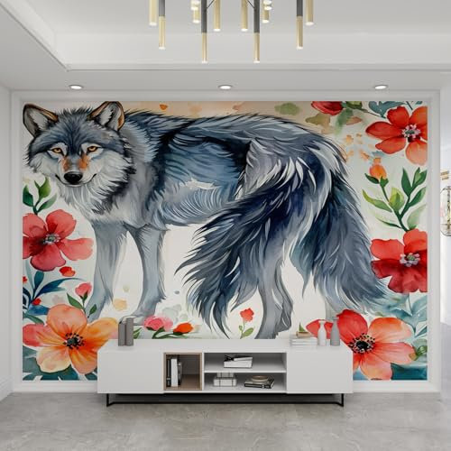 YEMYOR Wild Wolf Jungle Animal Wallpaper, Grey and White Wolf Oil Painting Flower Mural, Wild Animal Wall Paper, Silk Wall Decorations, for Living Room Bedroom-390x260cm