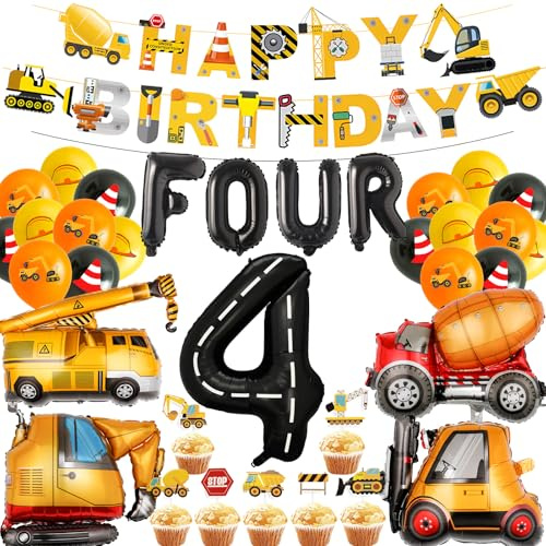 4th Birthday Decorations Boy Balloons - 35 Pcs Excavator Balloon Banner | Cake Toppers Number Letter 4 Party Supplies Truck Bulldozer Crane Digger Construction for 4 Years Old Boys Birthday Party