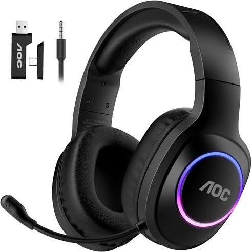 AOC Wireless Gaming Headset for PS5, PS4, Nintendo Switch, PC, Bluetooth 5.4 & 2.4GHz Gaming Headphones with Noise Canceling Mic, RGB, Type-C, 20ms Latency, 45H, 7.1 Virtual Surround, Comfortable