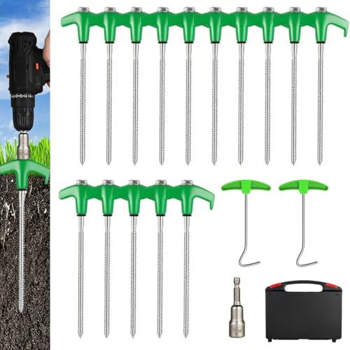 15PCS Heavy Duty Metal Tent Pegs, Includes 2PCS Nail Puller and 1PCS Drill Adapter, Durable Steel Camping Pegs for Hard Lands, Forests, Garden, Canopies, Lawns, Outdoors – Green