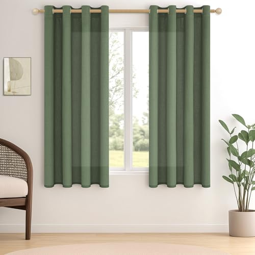 MRTREES Gardinen Leinenoptik mit Ösen Kurz Voile Gardinen Küche Fenster Vorhänge Leinen Halbtransparent für Wohnzimmer Schlafzimmer Ösenvorhang 2er Set H 145 x B 140 cm, Oliv-grün