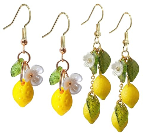 KAHZOR 2 Pairs Zitronen Ohrringe,Harz Gelb Zitronenhakenohrringe Zitrone Kostüm Accessoires Zierlich Zitronenohrringe,Fruchtform Modeschmuck,Frauen Dame