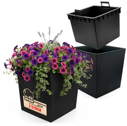 BigDean 2X Blumentopf ca 65L 40x40x41cm mit Innentopf & Bewässerungssystem | Wetterfest Rattanoptik Pflanzkasten Übertopf Pflanzkübel Blumenkasten Quadratisch