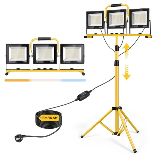 Yofuly Projecteur LED Chantier 3x 100W, 30000LM | Lampe Chantier avecTrépied Télescopique, 3 Température de Couleur, Câble 5M Étanche IP66 Spot Chantier sur Pied
