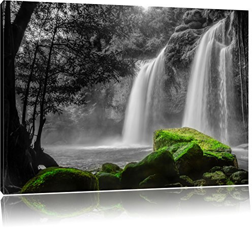 Pixxprint Traumhafter Wasserfall im Dschungel B&W, Größe: 120x80cm, Leinwandbild, fertig gespannt, Wandbild, Dekoration, Kunstdruck, kein Poster