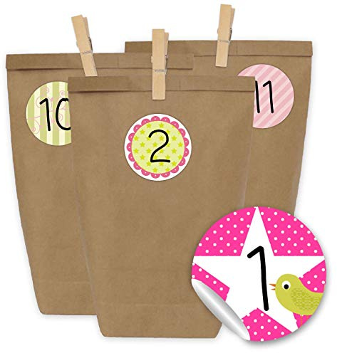 Papierdrachen Adventskalender zum Befüllen - 24 Geschenktüten und 24 Zahlenaufkleber und Klammern - Motiv Rosa-grün für Mädchen - zum Befüllen und Basteln - Weihnachten - Mini Set Nr 14