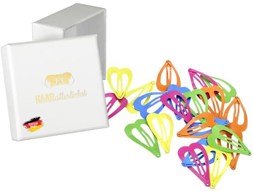 Haarallerliebst Haarspangen für Kinder – 20 Stück Herz förmig bunt (4 cm) inkl. Aufbewahrungsbox weiss – Ideal für normales Haar