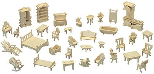 Dollhouse Furniture - Laser Cut Wooden 3D Puzzle Miniature Doll House Kit House Furniture Set - 34 Pieces