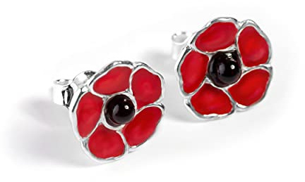 HENRYKA Purple Poppy Stud Earrings in 925 Sterling Silver & Baltic Amber | 10 mm x 10 mm Enamel-Painted Flower Studs with Gift Box | Gifts for Women