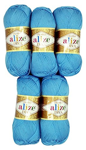 Alize 5 x 100 Gramm Wolle Diva Batik einfarbig, 500 Gramm merzerisierte Strickwolle Microfiber-Acryl (blau 346)